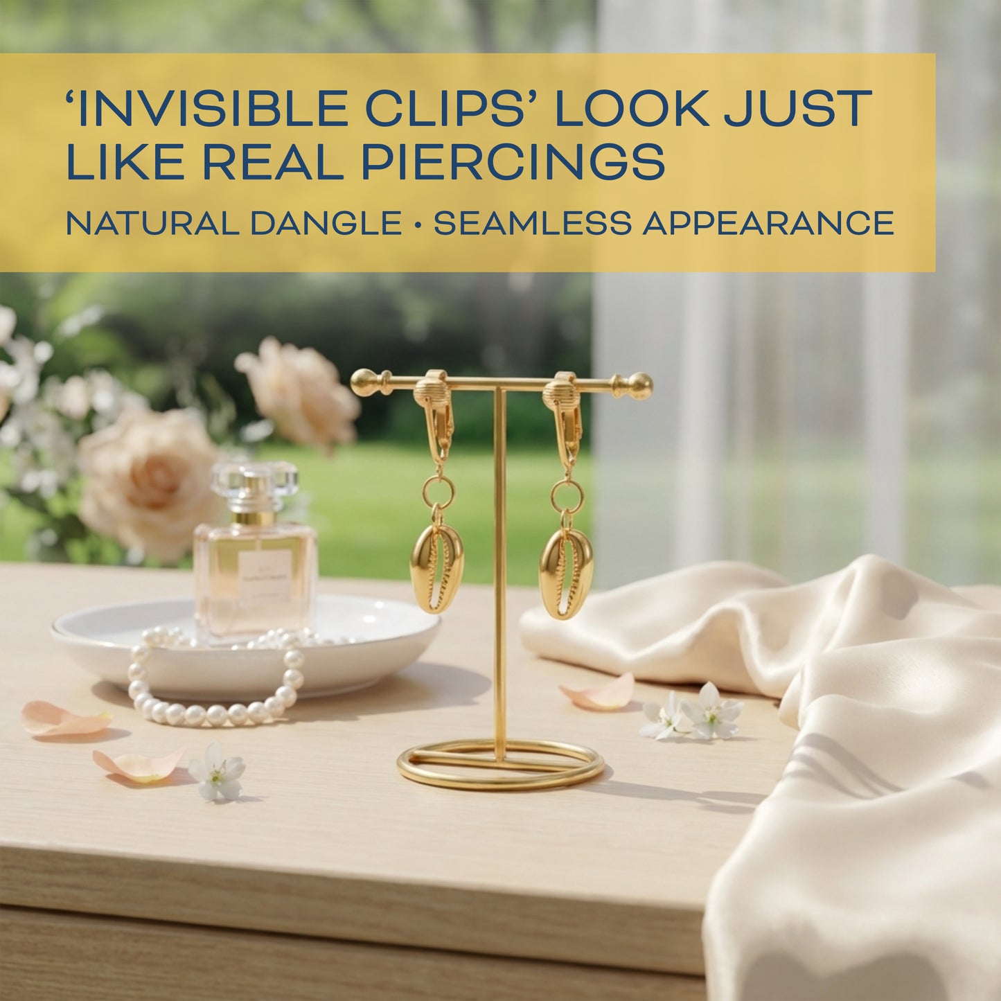 Gold Puka Shells Clip On Dangling Earrings