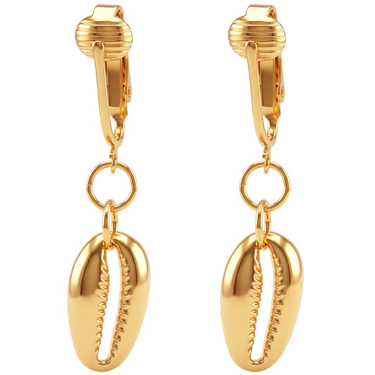 Gold Puka Shells Clip On Dangling Earrings