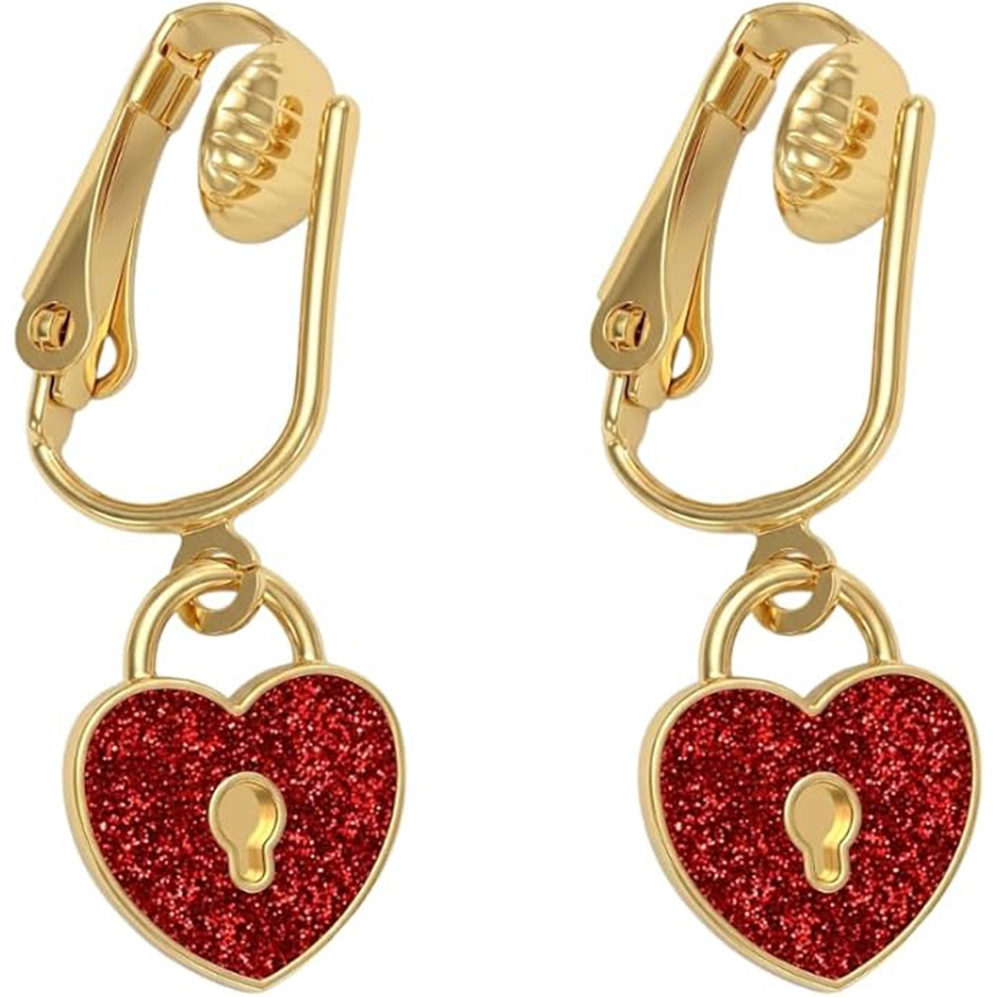 Red Glitter Lock Gold Clip On Dangling Earrings