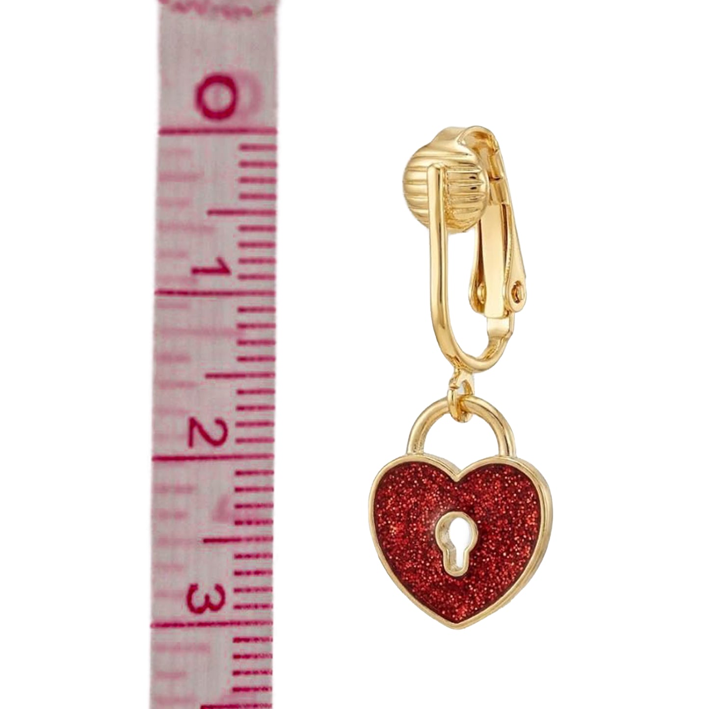 Red Glitter Lock Gold Clip On Dangling Earrings