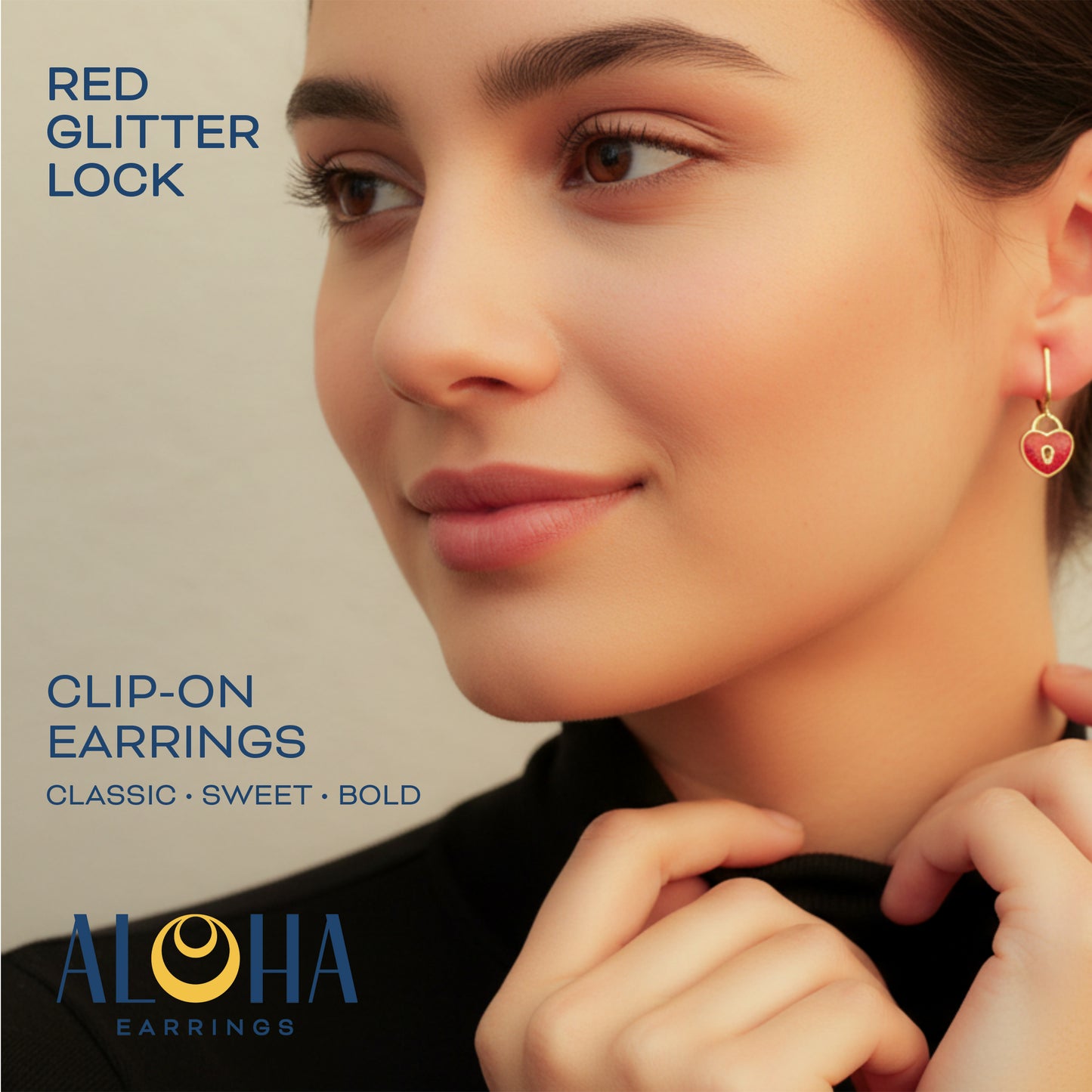 Red Glitter Lock Gold Clip On Dangling Earrings