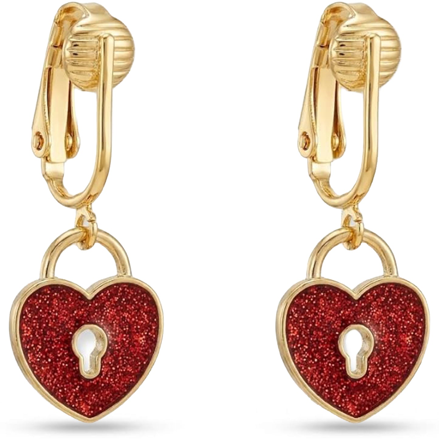 Red Glitter Lock Gold Clip On Dangling Earrings