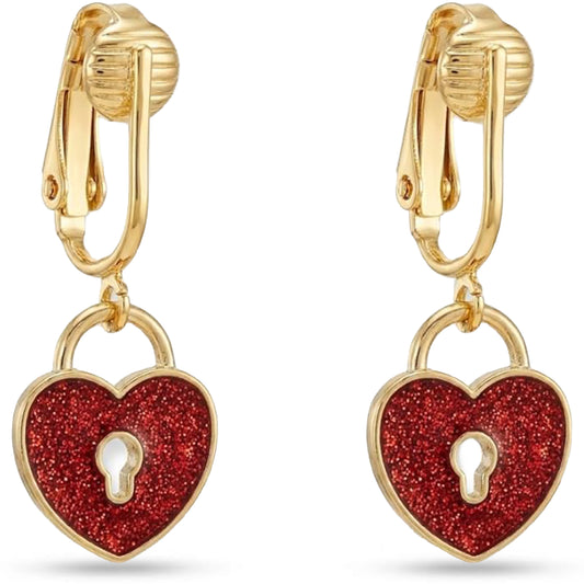Red Glitter Lock Gold Clip On Dangling Earrings
