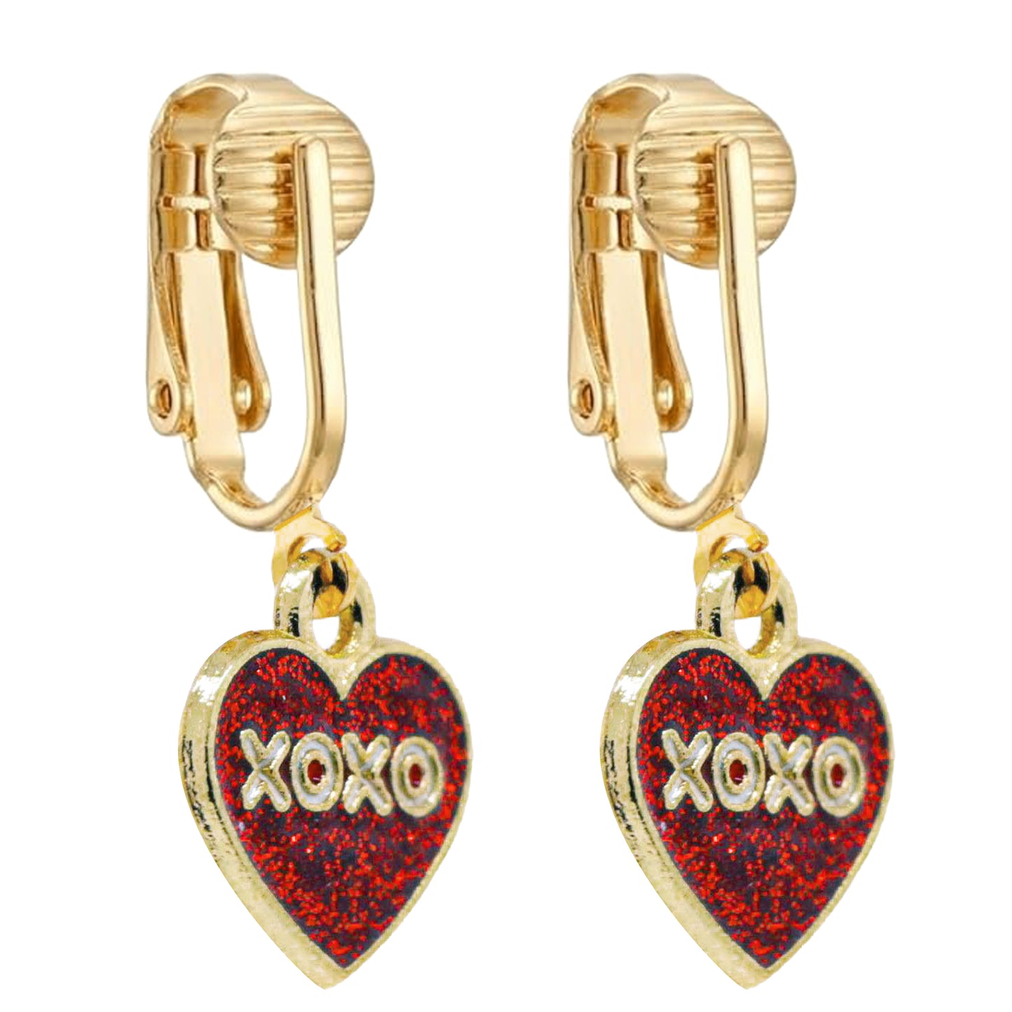 Red Glitter XOXO Gold Clip On Dangling Earrings
