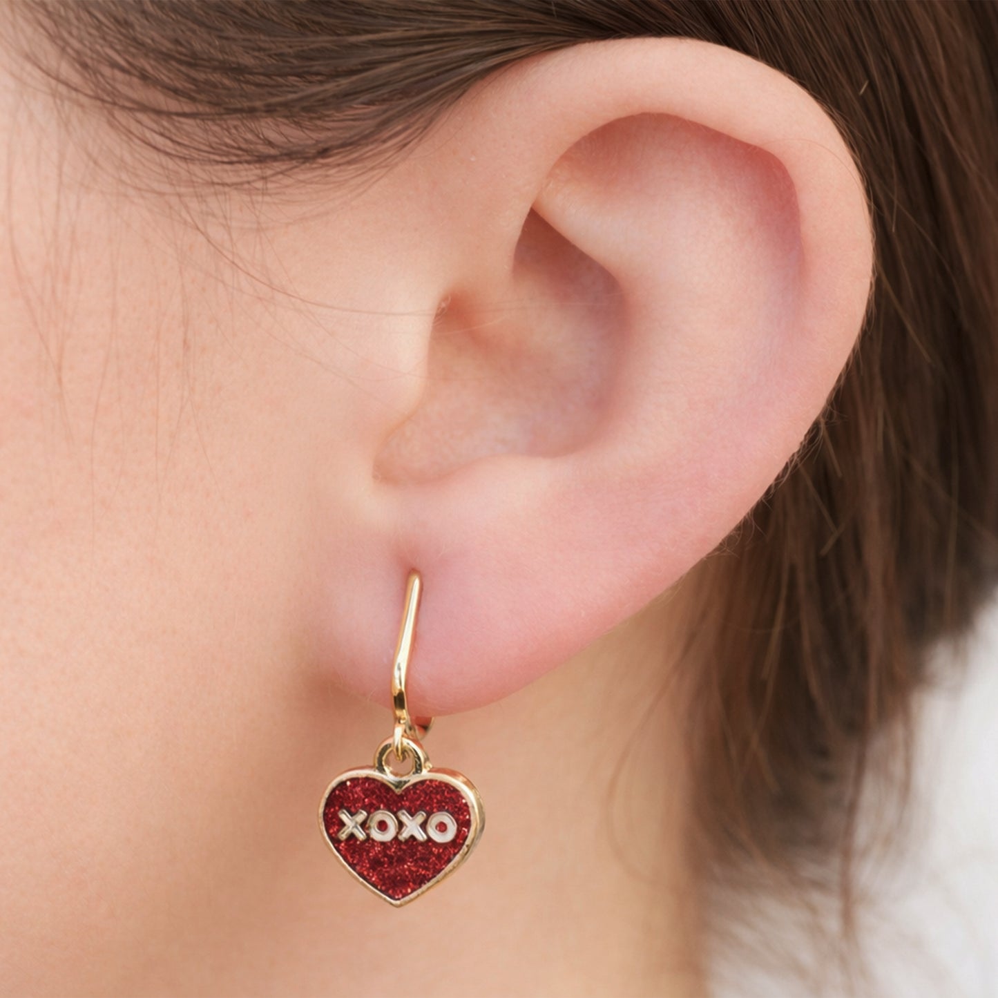 Red Glitter XOXO Gold Clip On Dangling Earrings
