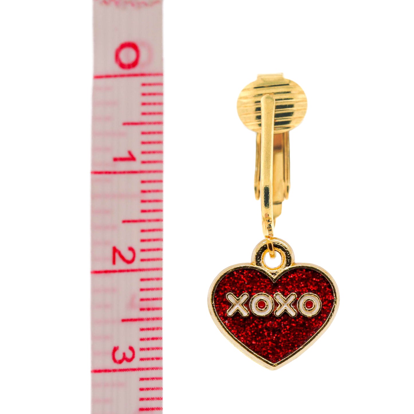 Red Glitter XOXO Gold Clip On Dangling Earrings