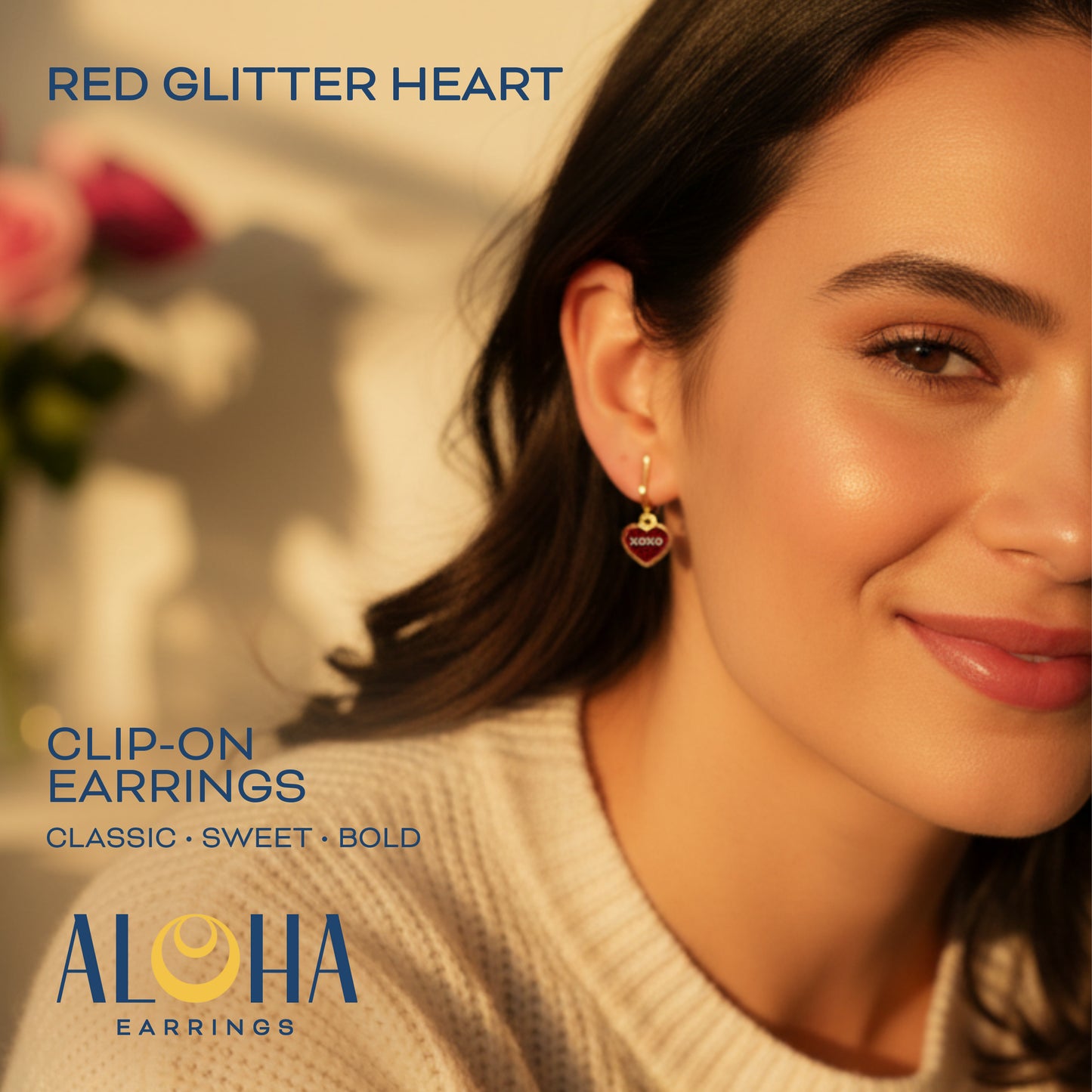 Red Glitter XOXO Gold Clip On Dangling Earrings