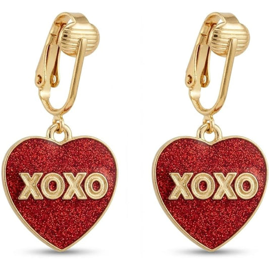 Red Glitter XOXO Gold Clip On Dangling Earrings