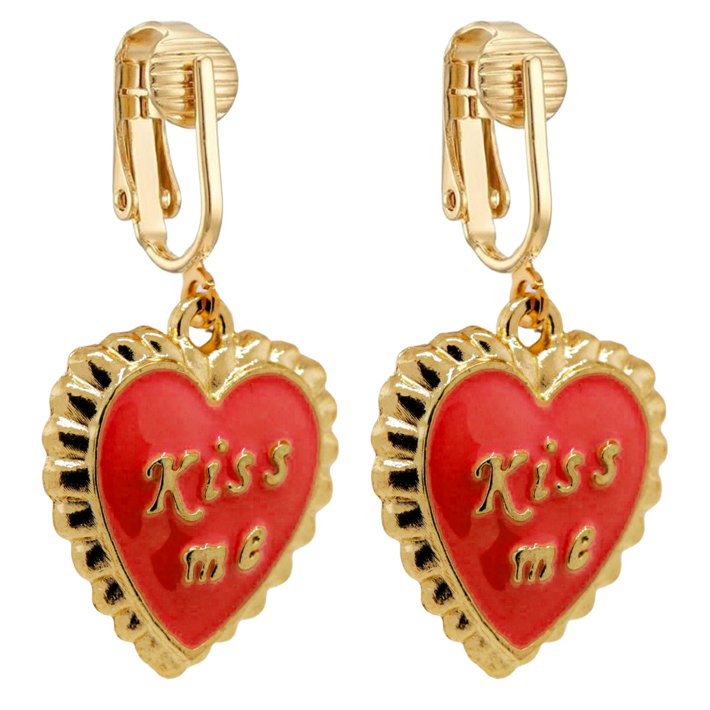 Red Kiss Me Heart Gold Clip On Dangling Earrings
