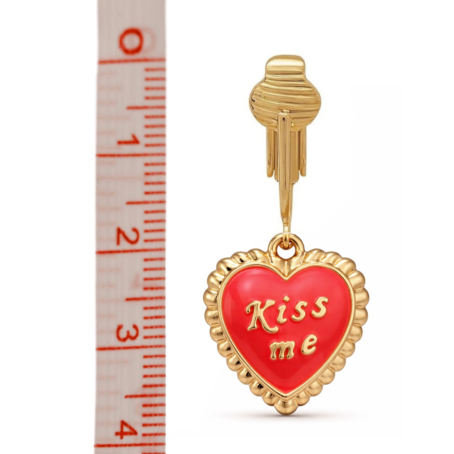 Red Kiss Me Heart Gold Clip On Dangling Earrings