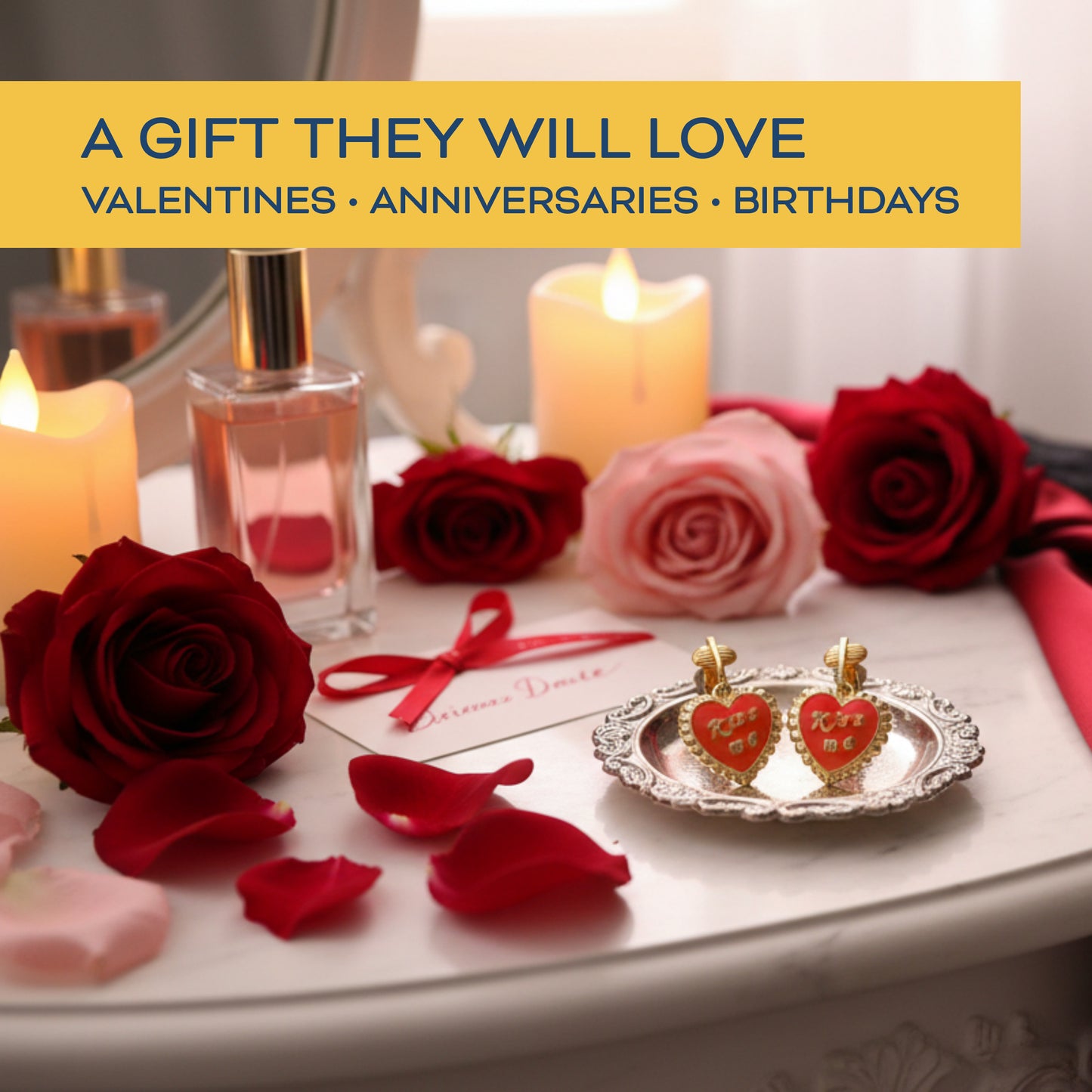 Red Kiss Me Heart Gold Clip On Dangling Earrings