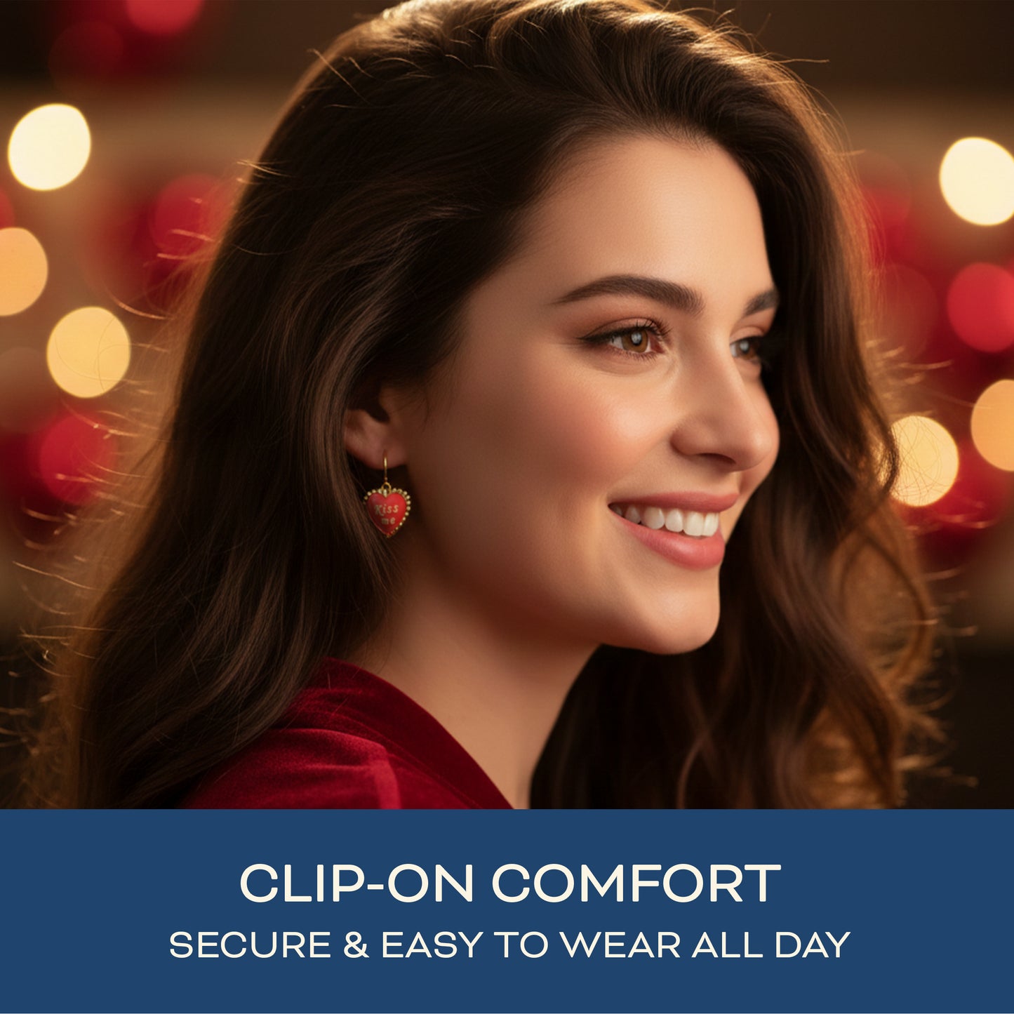 Red Kiss Me Heart Gold Clip On Dangling Earrings