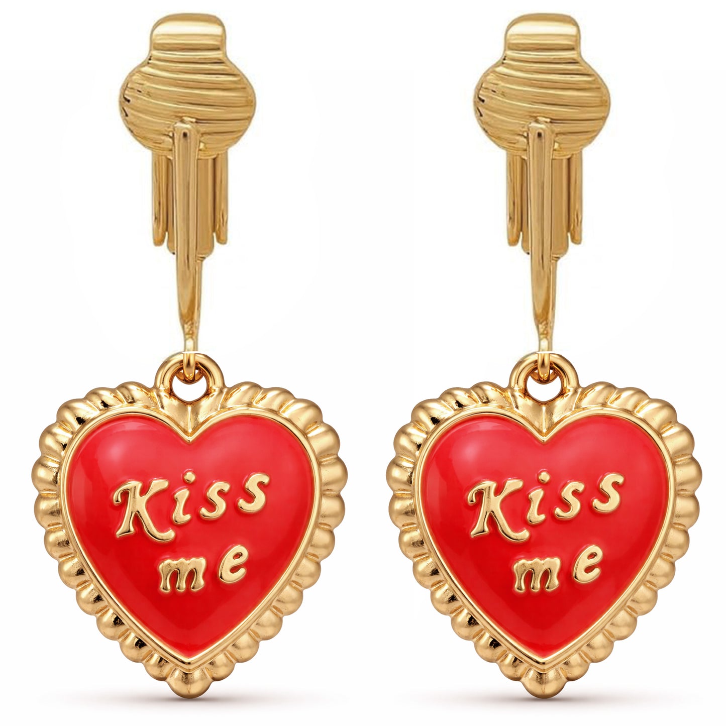 Red Kiss Me Heart Gold Clip On Dangling Earrings