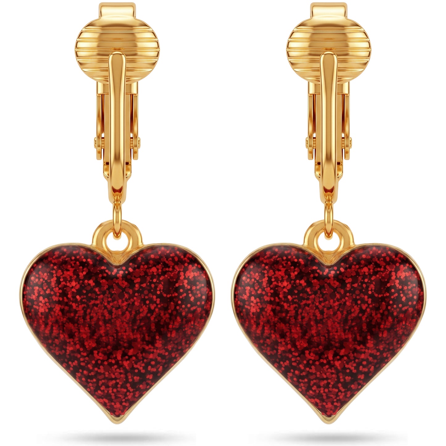 Sparkle Hearts Gold Clip On Dangling Earrings