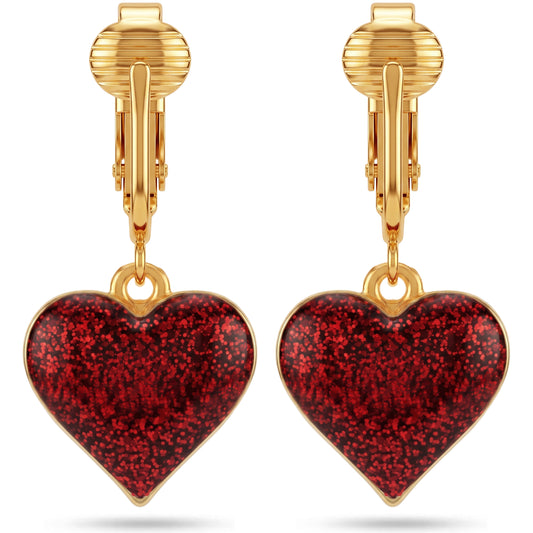 Sparkle Hearts Gold Clip On Dangling Earrings