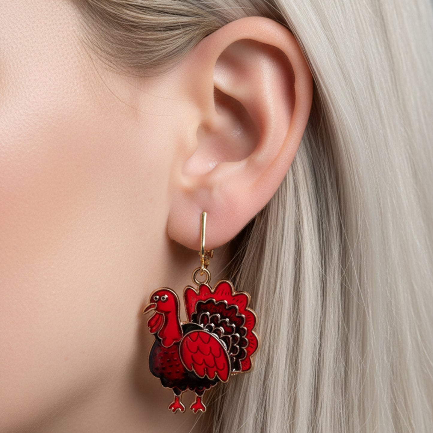 Red Turkey Gold Clip On Dangling Earrings