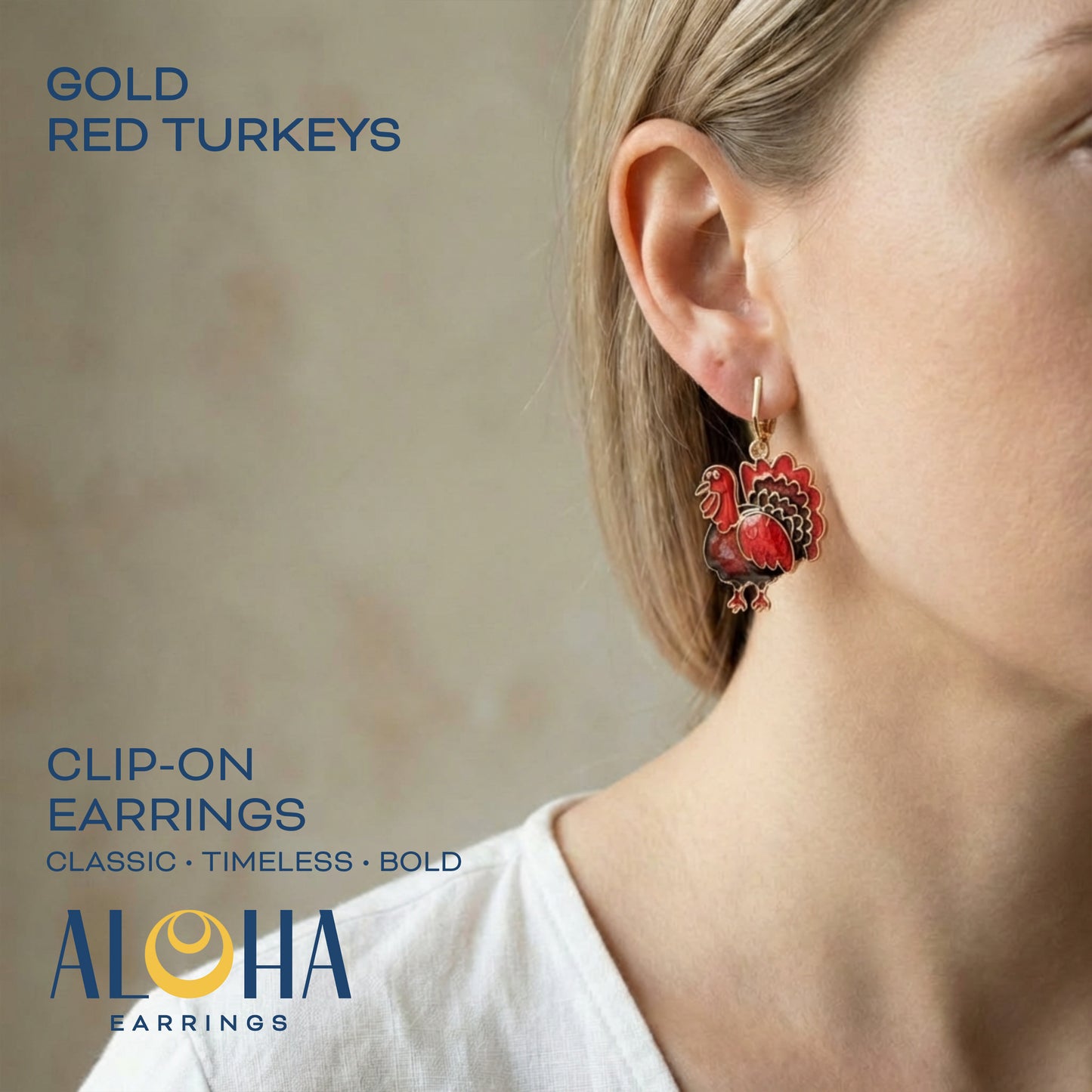 Red Turkey Gold Clip On Dangling Earrings