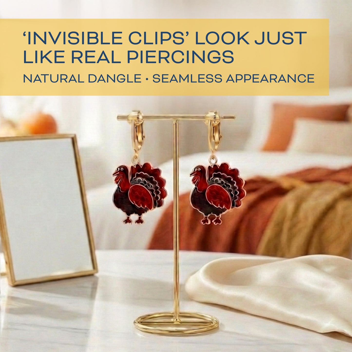 Red Turkey Gold Clip On Dangling Earrings