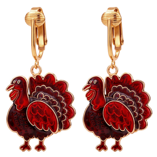 Red Turkey Gold Clip On Dangling Earrings