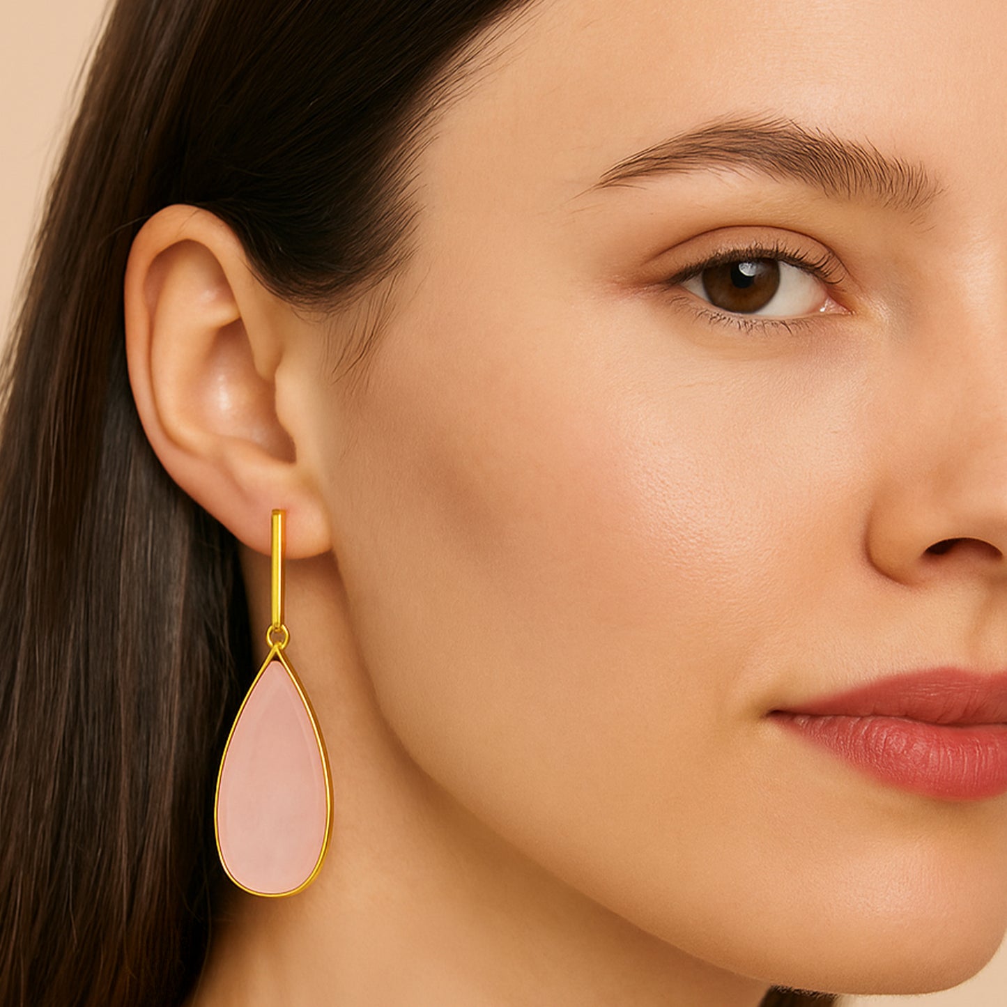 Gold Natural Stone Teardrop Clip On Dangling Earrings