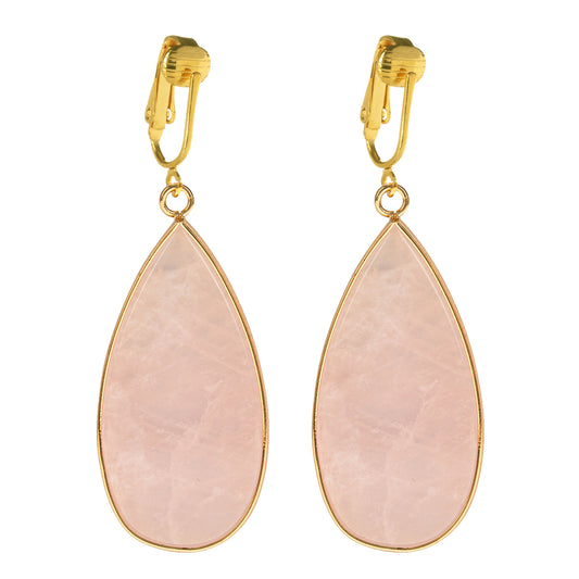 Gold Natural Stone Teardrop Clip On Dangling Earrings