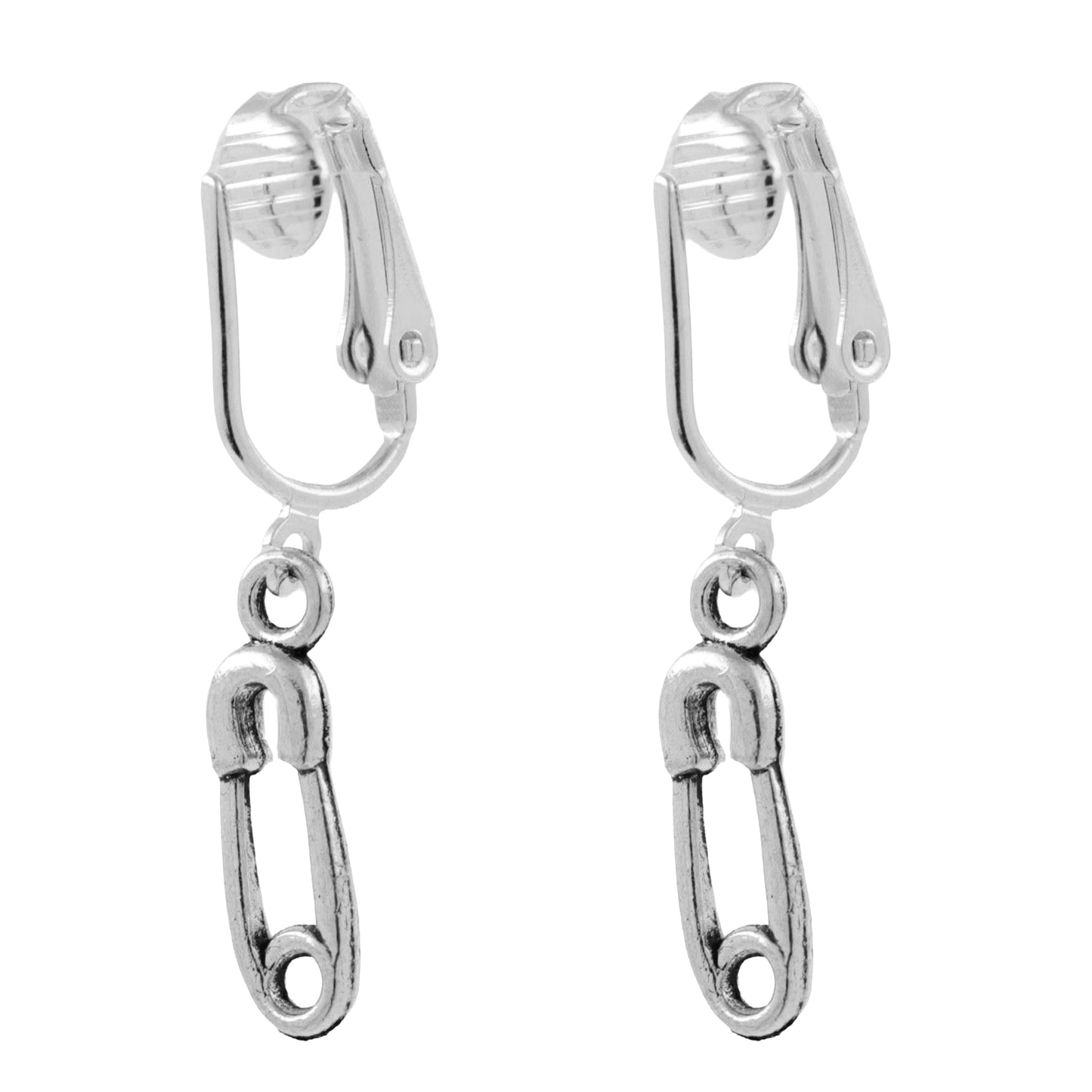 Silver Safety Pins Clip On Dangling Earrings