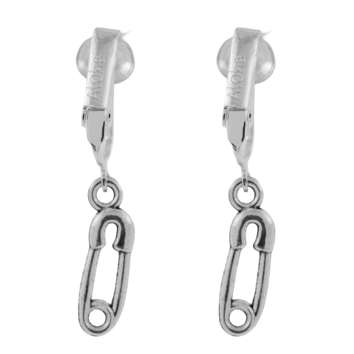 Silver Safety Pins Clip On Dangling Earrings