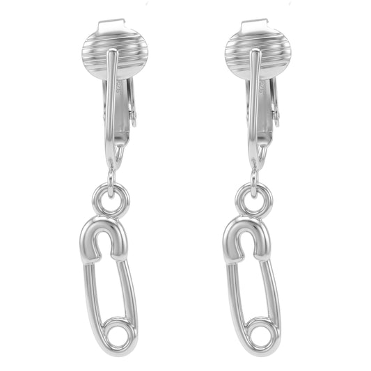 Silver Safety Pins Clip On Dangling Earrings