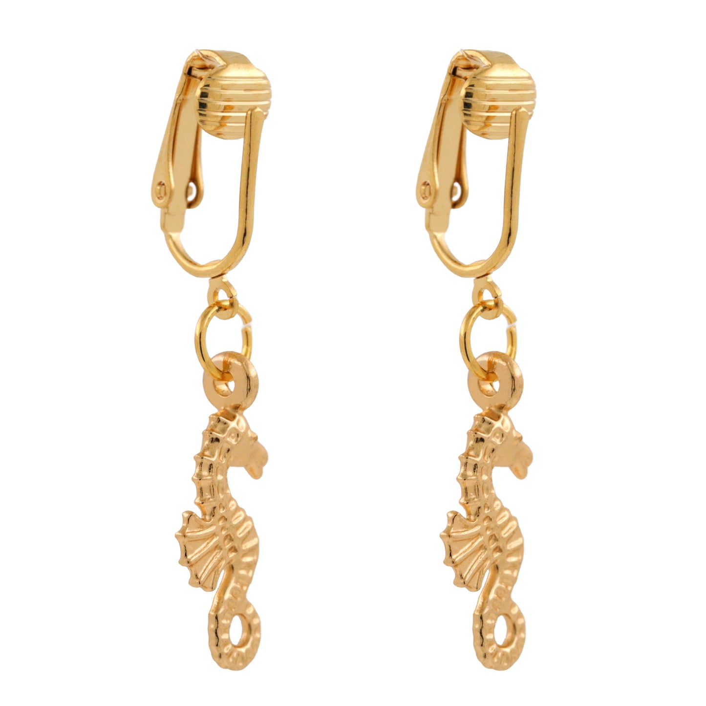 Gold Seahorses Clip On Dangling Earrings