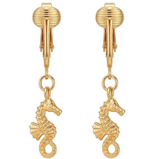 Gold Seahorses Clip On Dangling Earrings