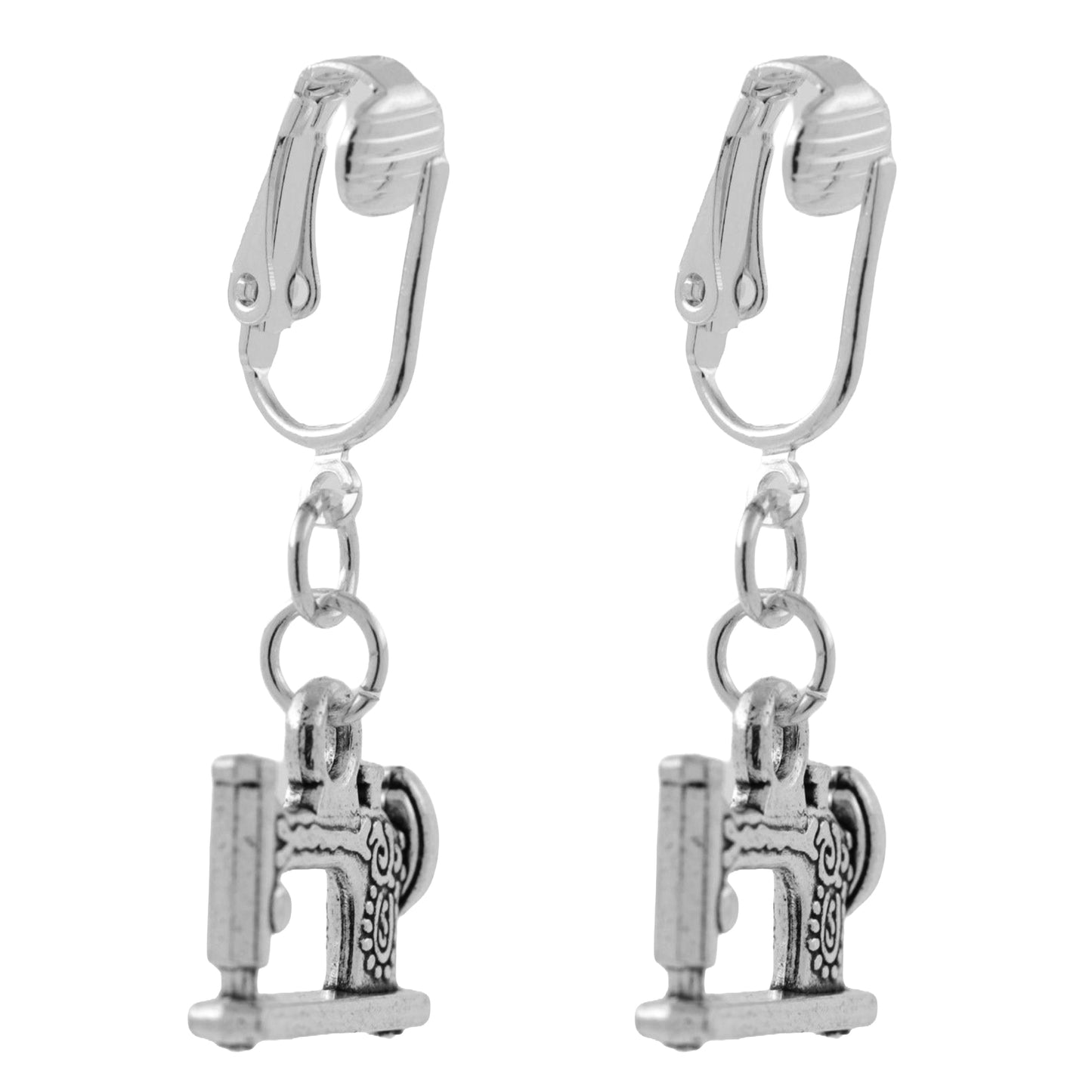 Silver Sewing Machine Clip On Dangling Earrings