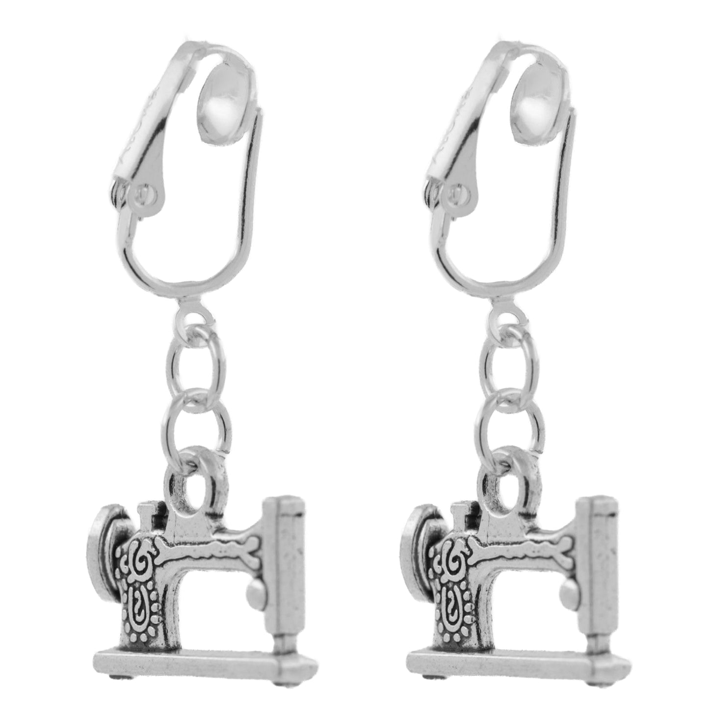 Silver Sewing Machine Clip On Dangling Earrings