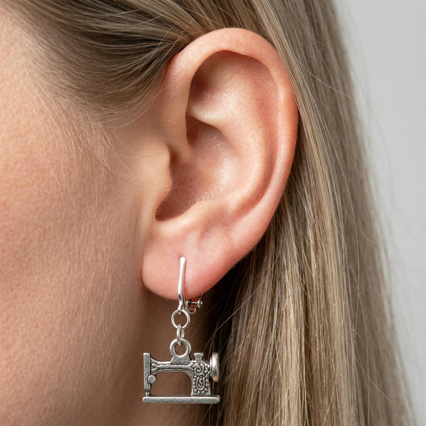 Silver Sewing Machine Clip On Dangling Earrings