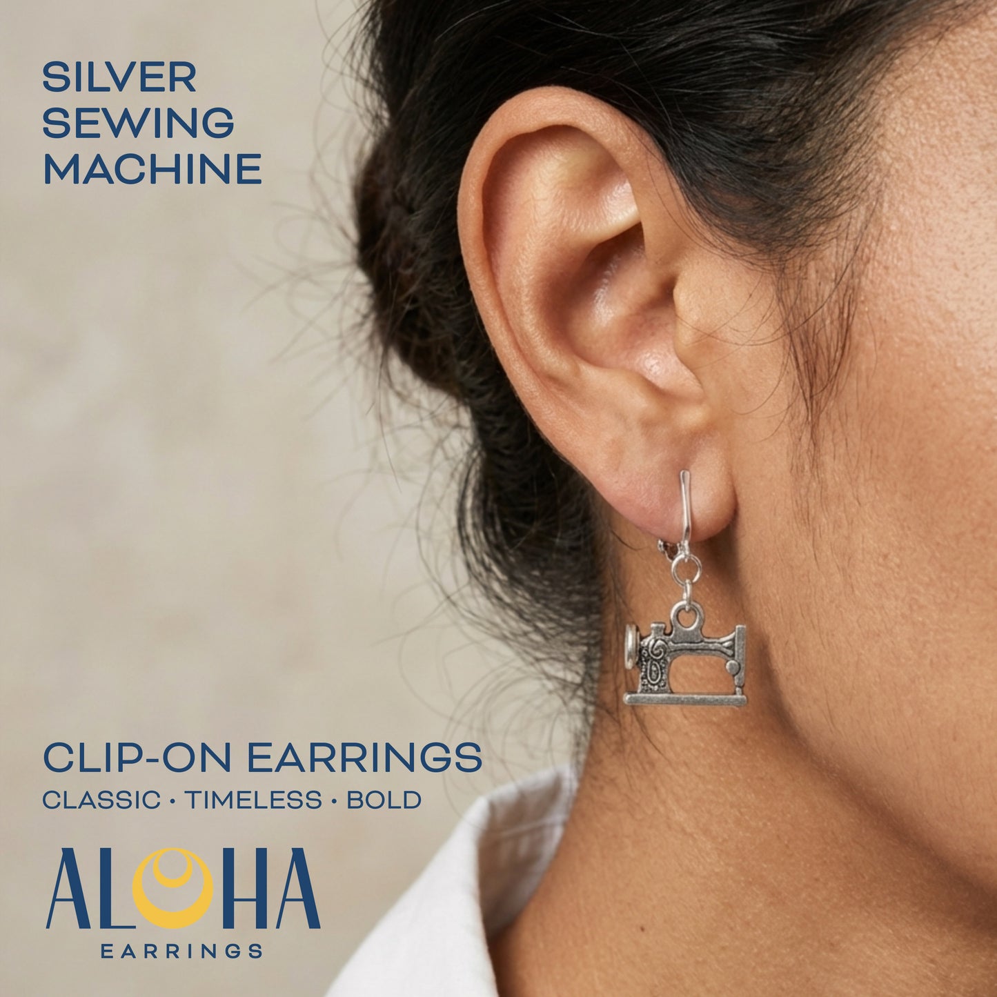 Silver Sewing Machine Clip On Dangling Earrings