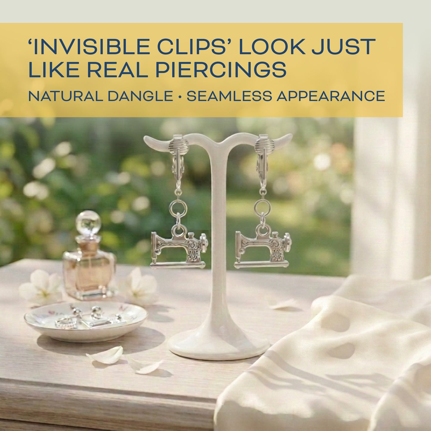 Silver Sewing Machine Clip On Dangling Earrings