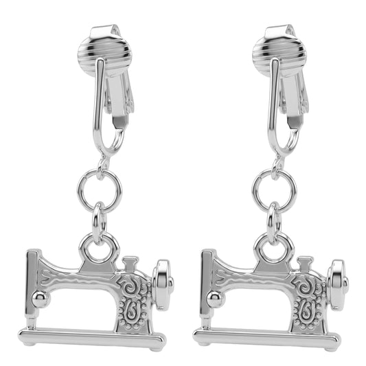 Silver Sewing Machine Clip On Dangling Earrings