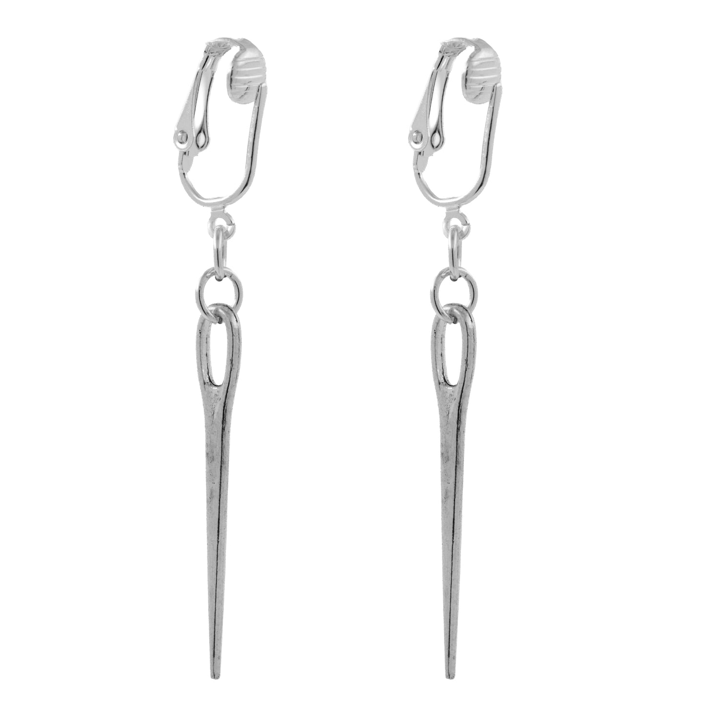 Silver Sewing Needle Clip On Dangling Earrings