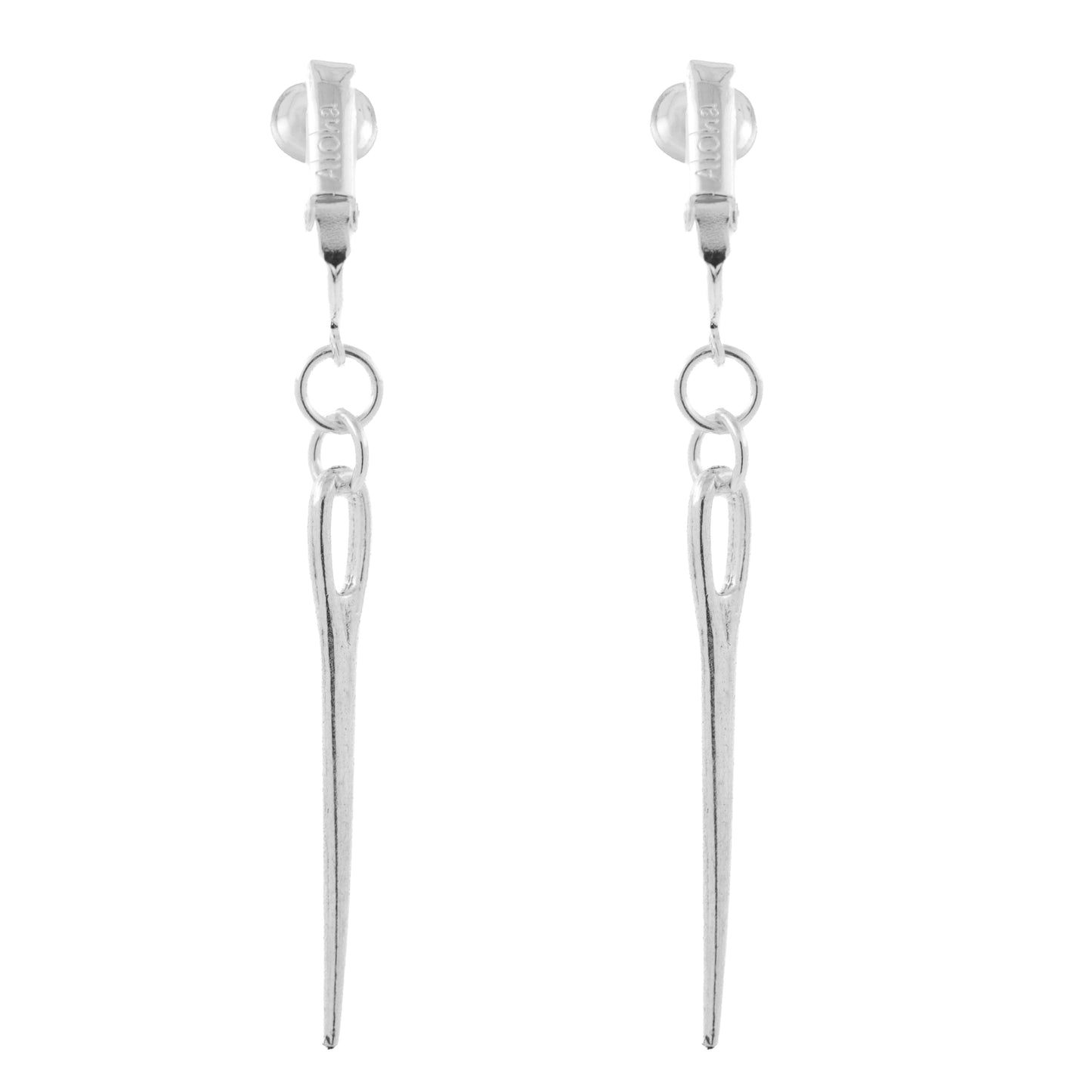 Silver Sewing Needle Clip On Dangling Earrings