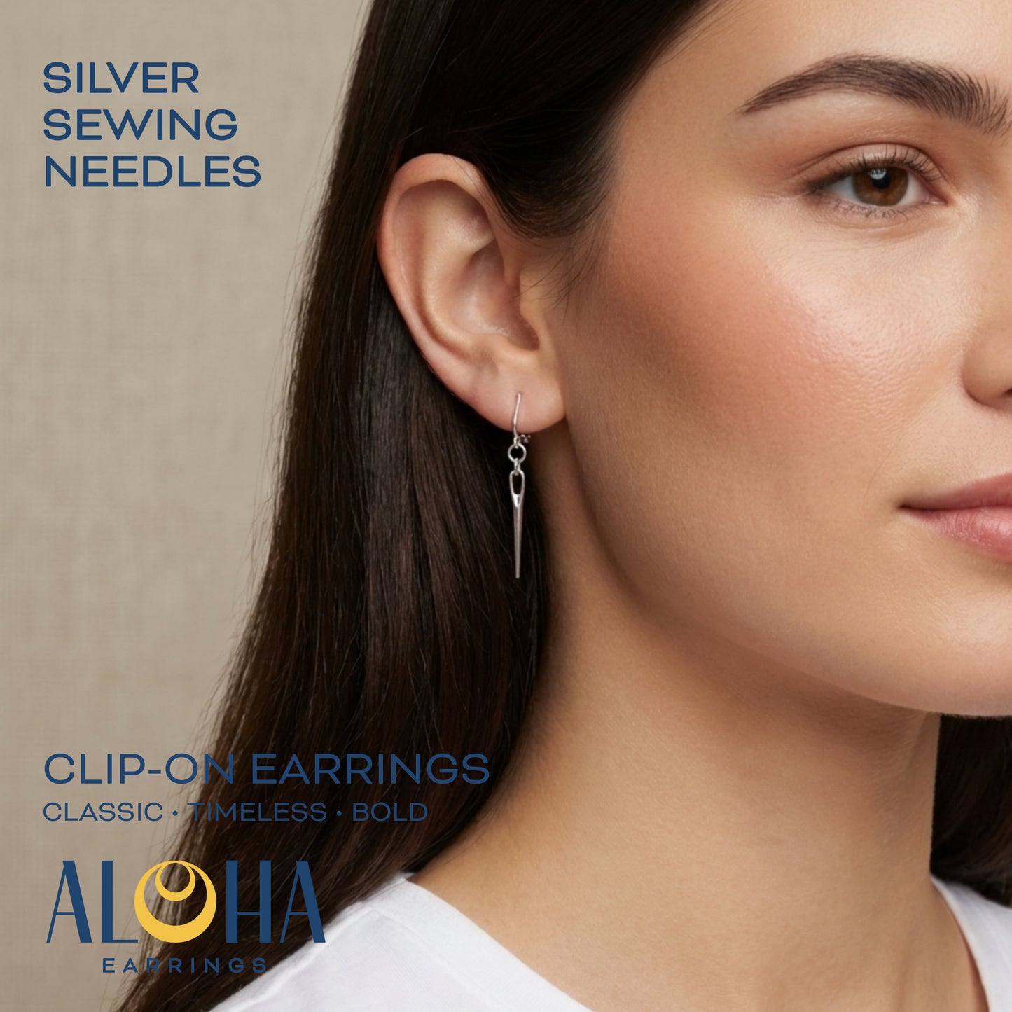 Silver Sewing Needle Clip On Dangling Earrings