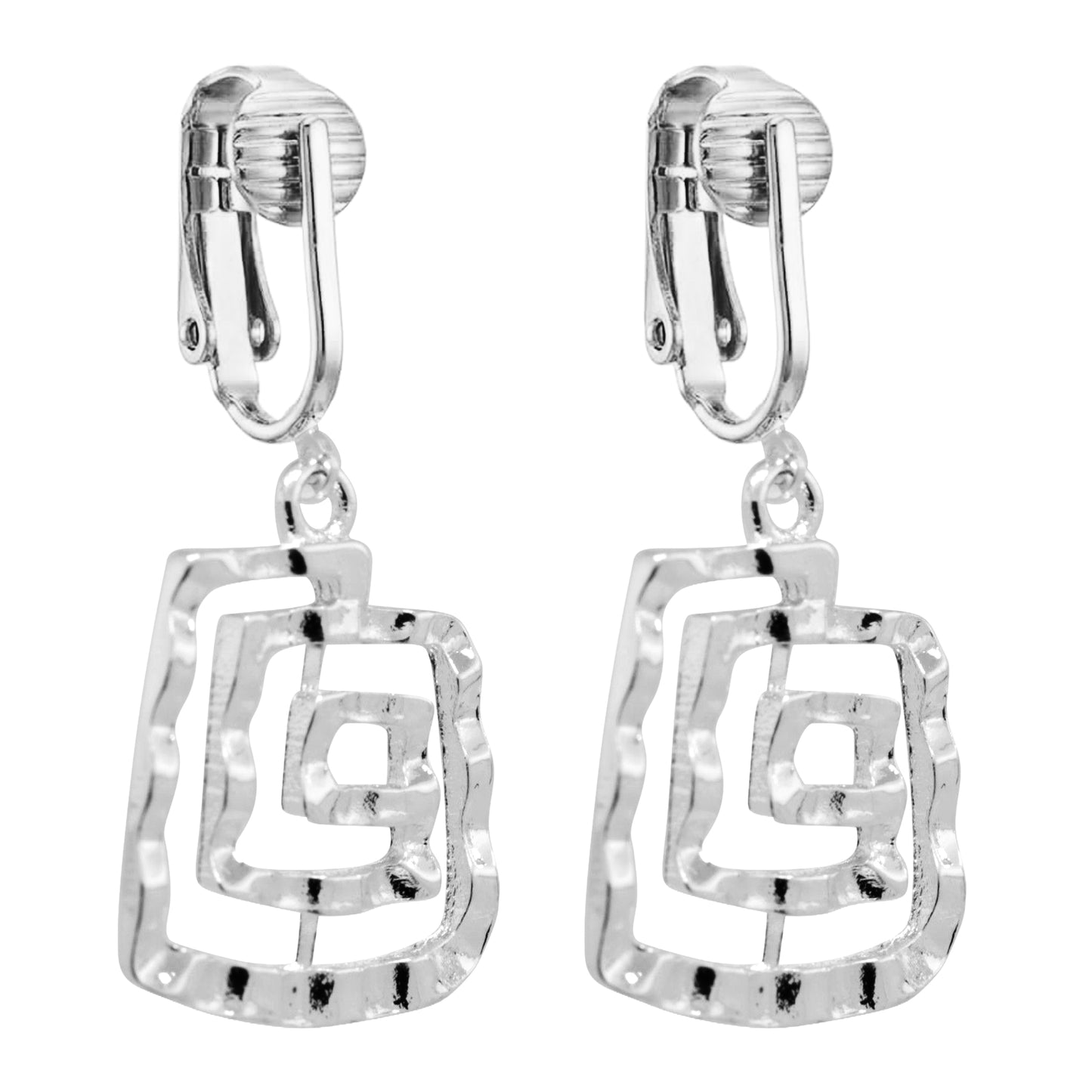 Silver Spiral Squares Clip On Dangling Earrings