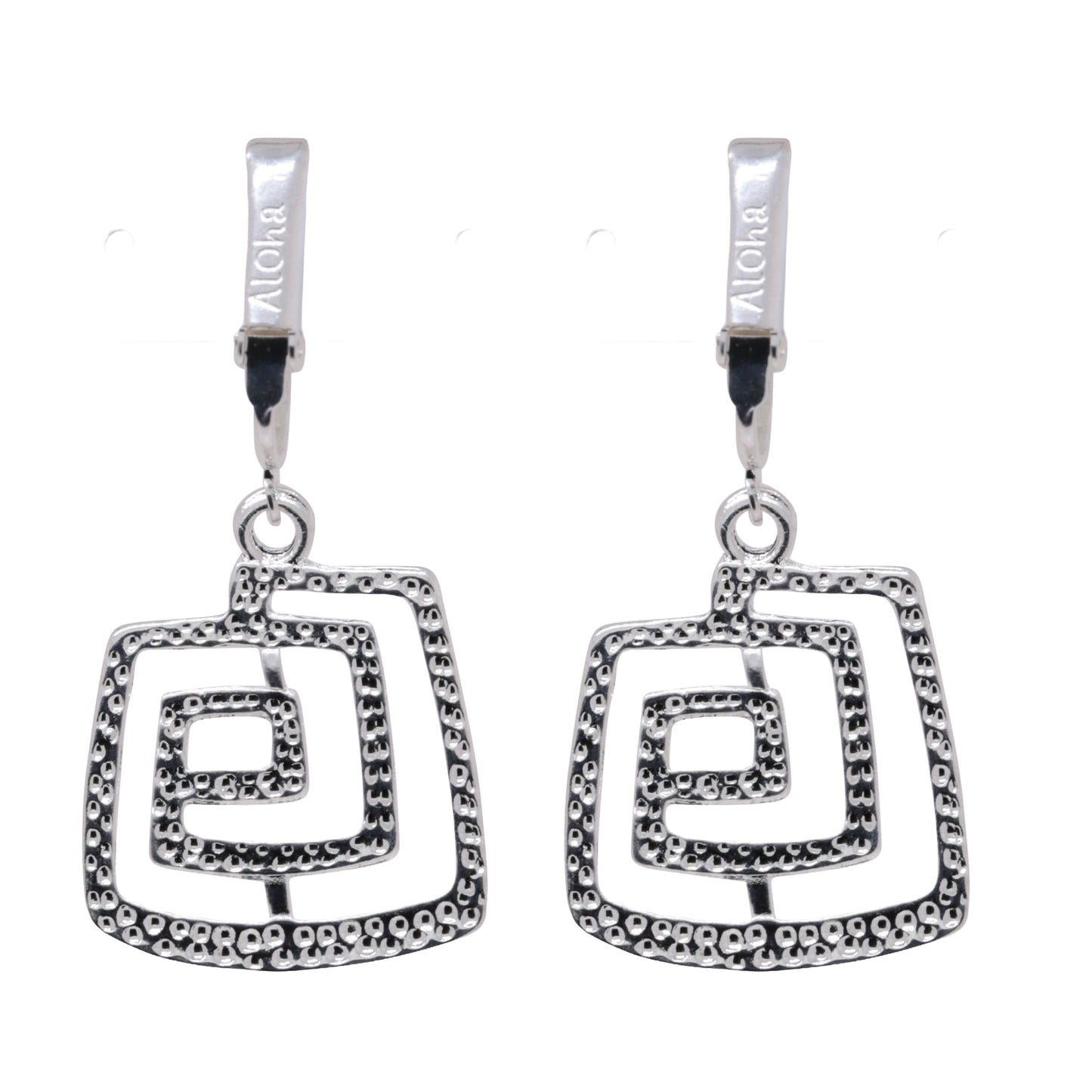 Silver Spiral Squares Clip On Dangling Earrings
