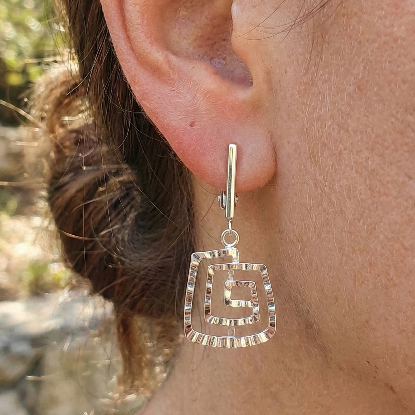 Silver Spiral Squares Clip On Dangling Earrings
