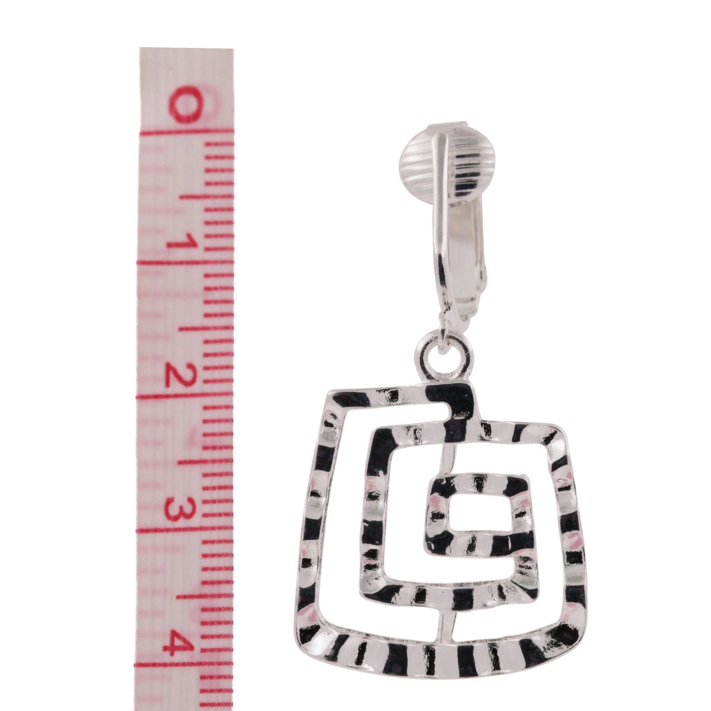 Silver Spiral Squares Clip On Dangling Earrings