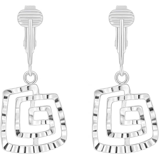 Silver Spiral Squares Clip On Dangling Earrings