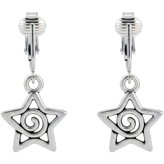 Silver Spiral Stars Clip On Dangling Earrings