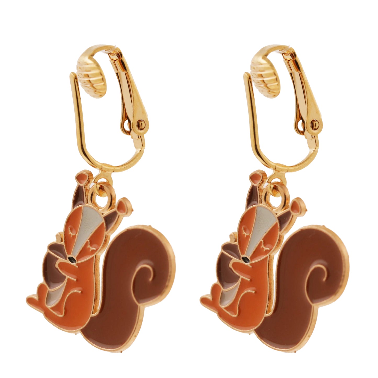 Gold Squirrels Clip On Dangling Earrings