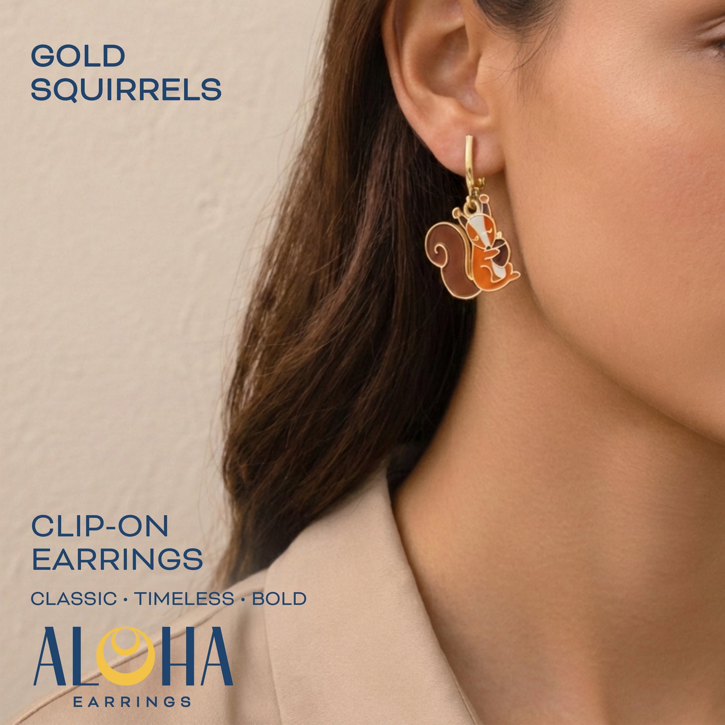 Gold Squirrels Clip On Dangling Earrings