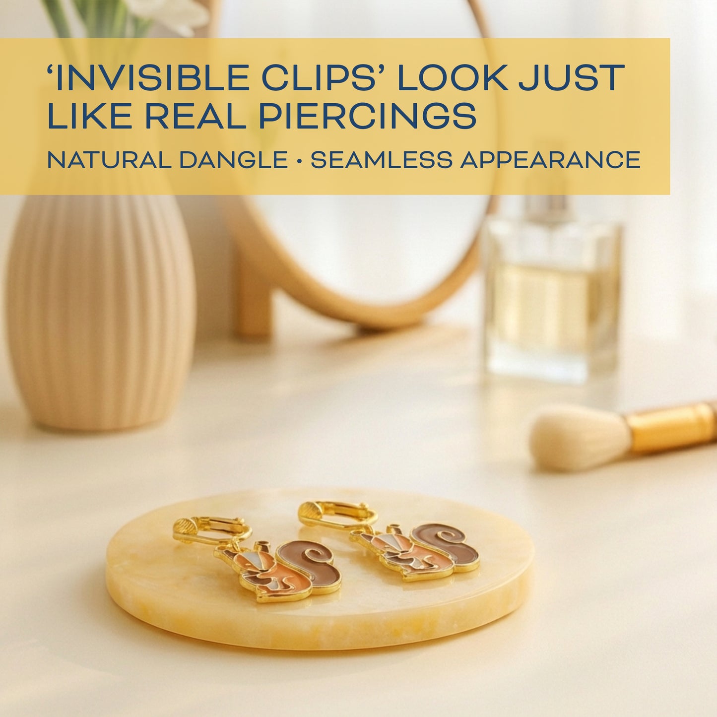 Gold Squirrels Clip On Dangling Earrings