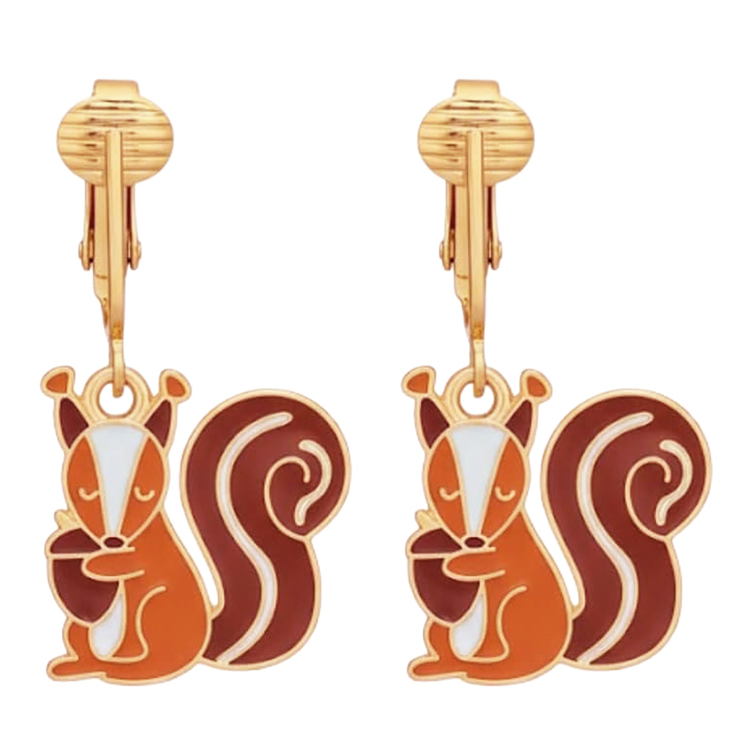 Gold Squirrels Clip On Dangling Earrings