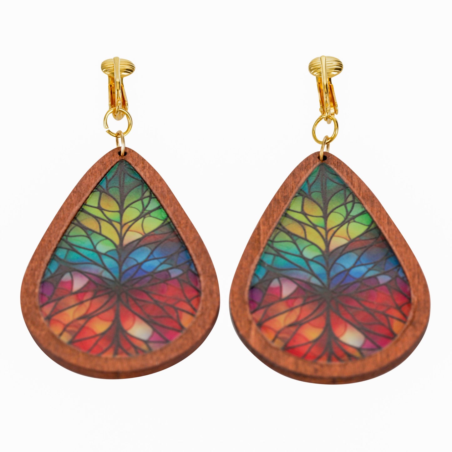 Stained Glass Wooden Teardrop Gold Clip On Dangling Earrings